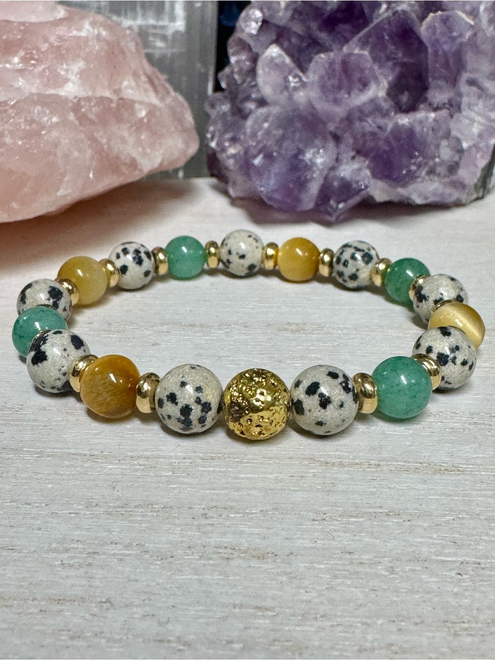 Dalmatian Jasper, Green Aventurine & Golden Tiger Eye Stretch Bracelet